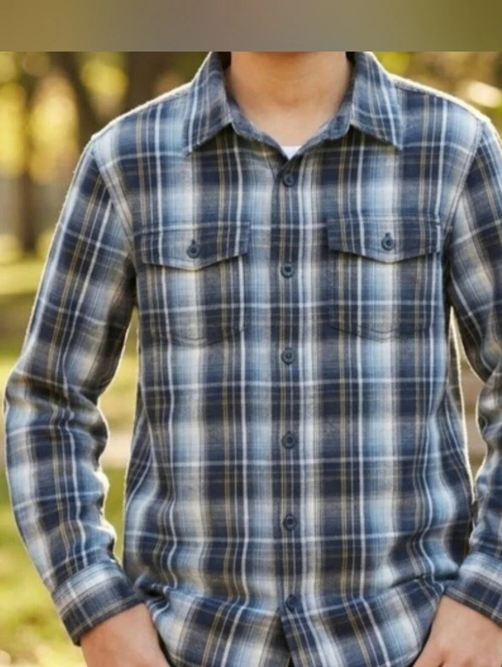 Old Navy Kids Blue and Gray Plaid Button Up Shirt- Large